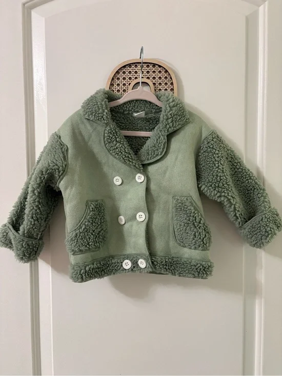 Kids Double-Breasted Faux Shearling Jacket - Sage Green