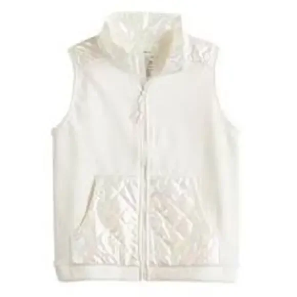 Tek Gear White Mixed Media Quilted Vest‎ Soft Zip Pockets Lightweight Layer NEW