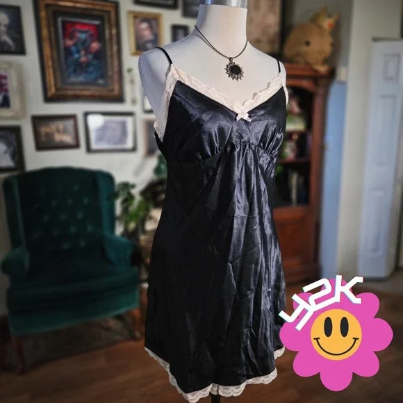 Vintage‎ Y2K Gillian O Malley Black Satin Slip Lace Trim Lingerie Mini Nightgown
