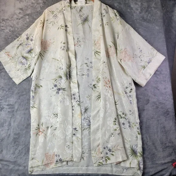 Vintage Intimo Amore 90s Floral Satin Kimono Robe Cream‎ Romantic Faiycore M