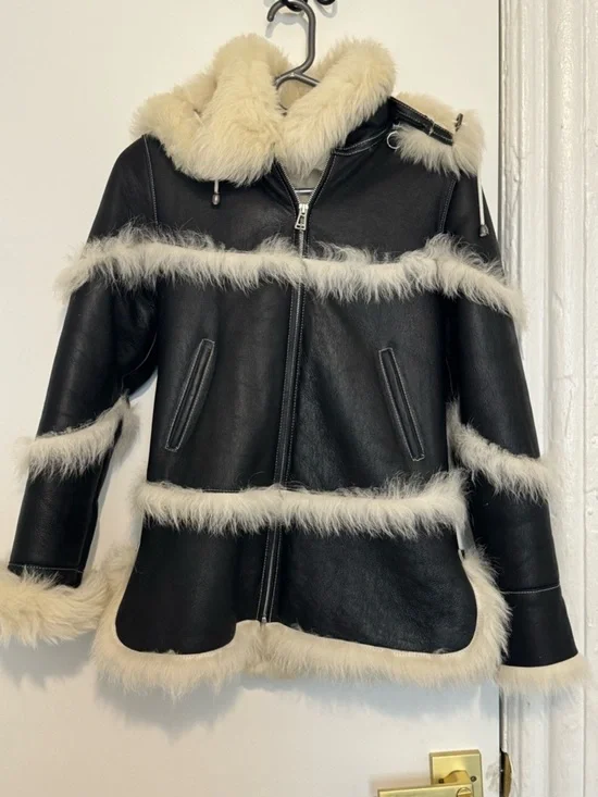 Kids Genuine Sheepskin Shearling Hooded Leather Coat Winter Jacket Black XL
