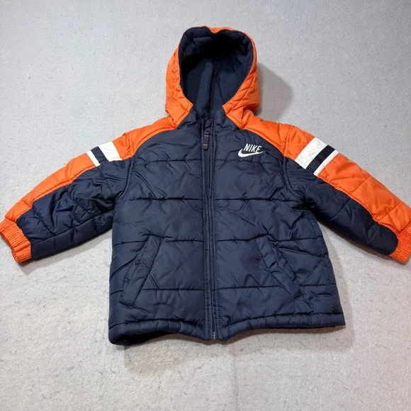 Nike Toddler Boys Puffer Jacket Orange Navy Blue Size 2T Winter‎ Coat