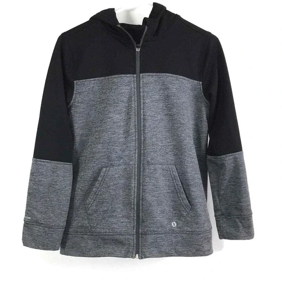 Xersion Boys Jacket Size Large Hood Zip‎ Up Gray Black Athletic Lightweight