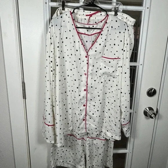 Summersalt‎ Polka Dot Satin Pajama Set White Navy Pink Piping 2XL Loungewear