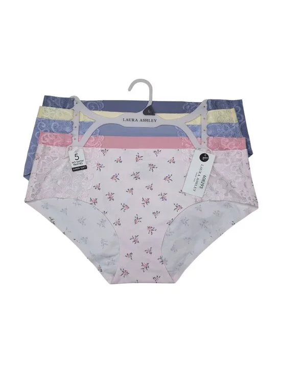 Laura Ashley L 5-Pack No-Show Lace Trim Panties Super Soft Hipster Pink Blue Yel