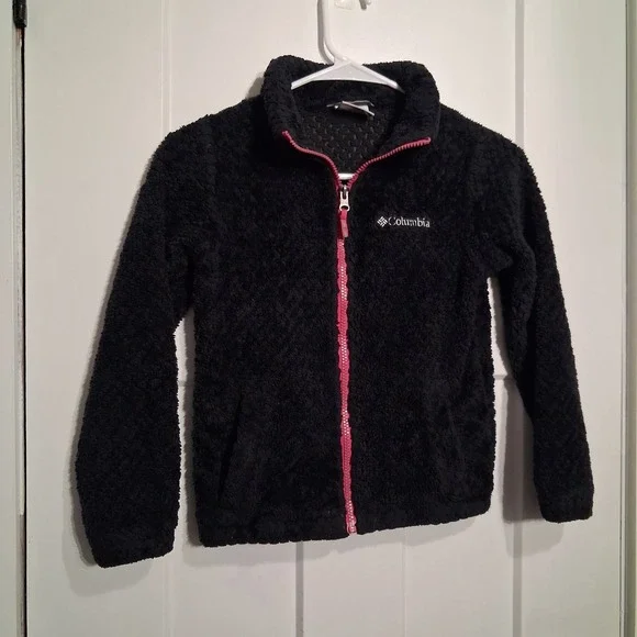 Columbia Fleece Jacket Girls S 7/8 Black Pink Zip Sherpa Warm Winter Outerwear