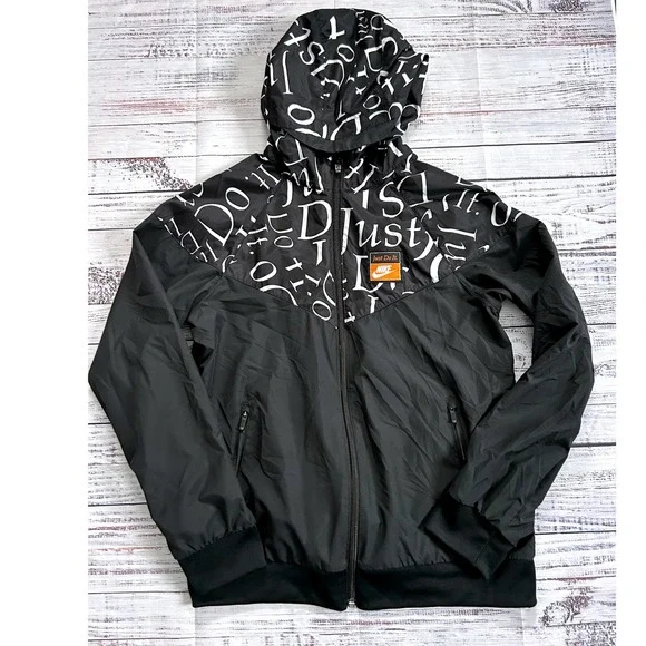 Nike Kids Just Do It All Over Print Hooded Windbreaker Jacket Black White Boys L