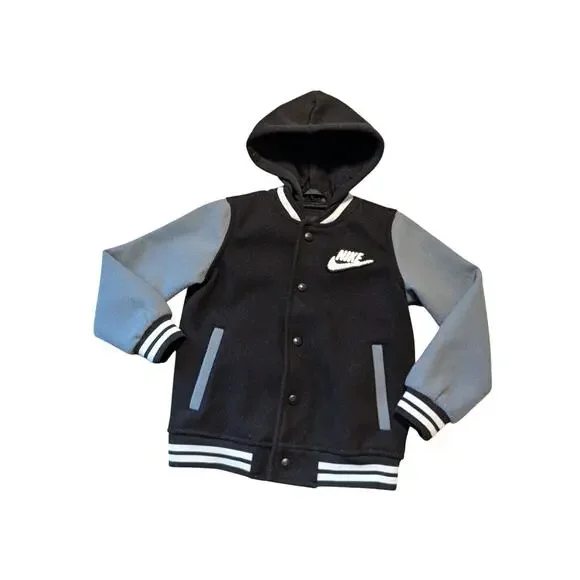 Nike Boys 4T Black Gray Color Block Hooded Varsity Jacket Futura Swoosh Coat