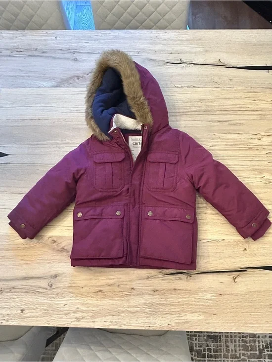 NWOT Carter's Girls' Maroon Hooded Puffer Coat with Faux Fur Trim