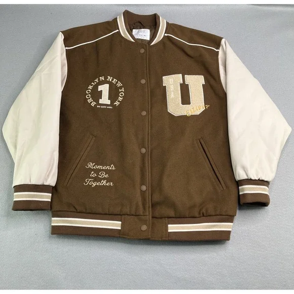 Zara Girls Letterman Snap Button PATCH VARSITY BROWN JACKET Size 13-14