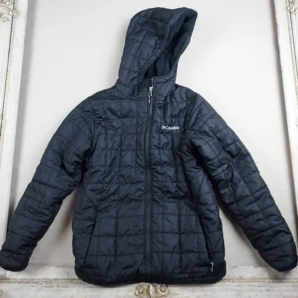 Columbia Youth Medium Black Hooded Puffer Jacket Fleece Lined Full Zip Winter