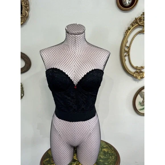 Vintage Carnival Black Lace Longline Strapless Bustier Bra Corset Top Size 36B