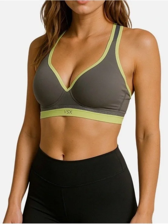VICTORIA'S SECRET VSX Incredible Plunge Sports Bra Gray Neon Green Strappy