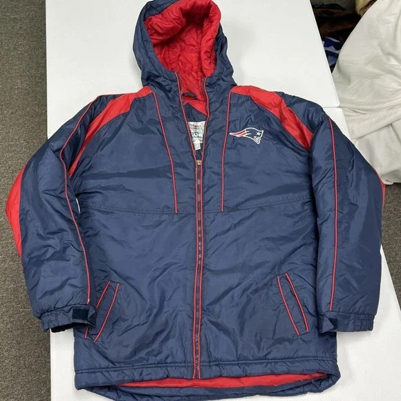 NFL Touchdown Club Patriots Puffer Jacket Kids XL 18 Blue Good Vintage Hooded