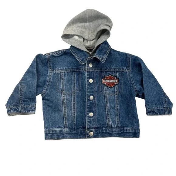 Harley-Davidson Denim Jacket Kids 2T Blue Layered Hoodie Embroidered Biker‎ Logo