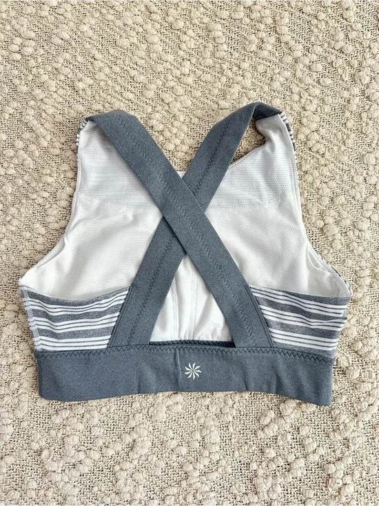 Athleta High Neck Criss Cross Sports Bra Small Grey White Stripe Activewear S