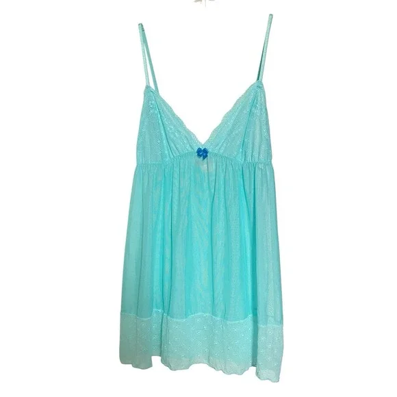 Y2K Victoria's Secret Blue Sheer Babydoll Slip Nightie‎ Lace Large Romantic