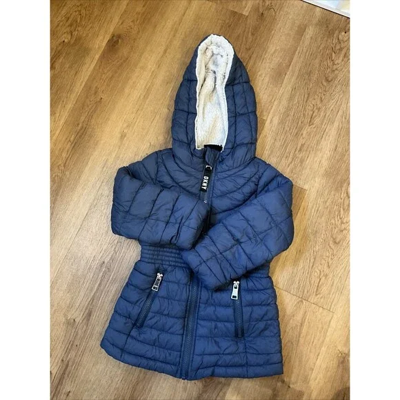 DKNY Kids Faux Fur Jacket Girls Size 4T Blue Hooded Full Zip Long‎ Sleeve Coat