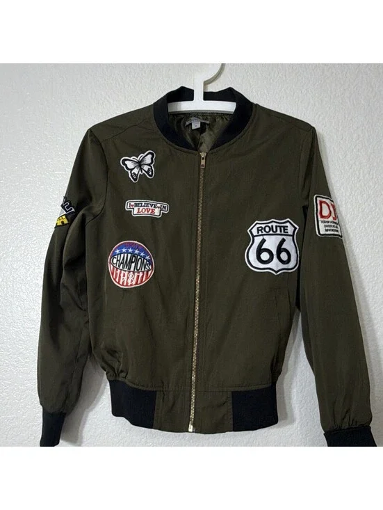 Casting Girls S Green Satin Bomber Jacket Full Zip Pockets Route 66 Butterfly