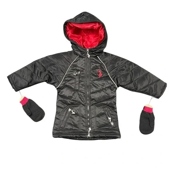 Vintage Baby‎ Phat Girlz Black Puffer Jacket with Red Lining and Mittens Size 2T