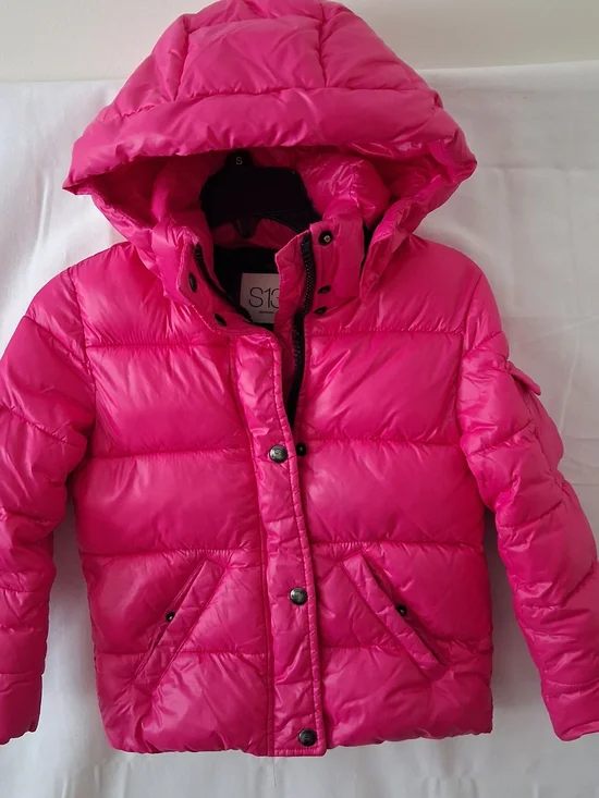 S13 New York Kids Girls Hot‎ Pink Glossy Puffer Jacket Detachable Hood Size 4