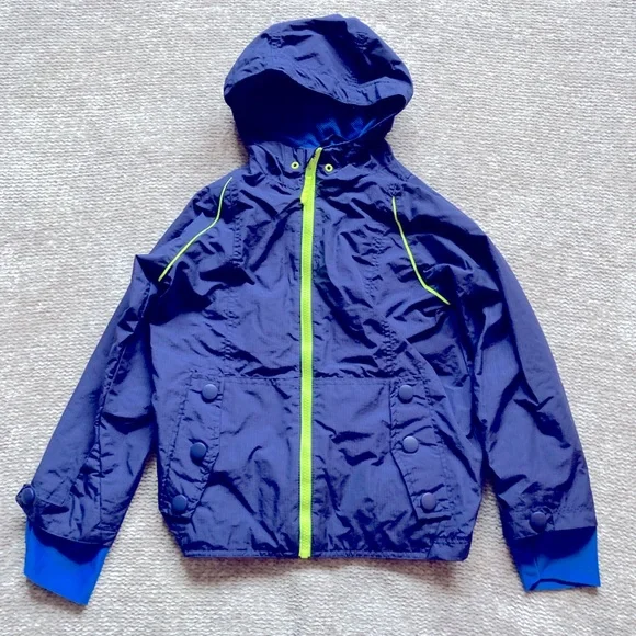 The Childrens Place Blue Hooded Windbreaker Jacket Neon Zip Size 5 6‎