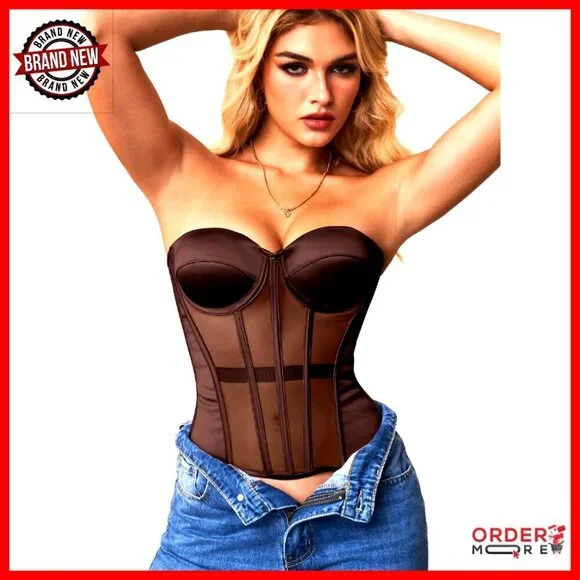 Strapless Sheer Mesh Corset Push Up Shapewear Lace Up Fit Satin Opaque Bra