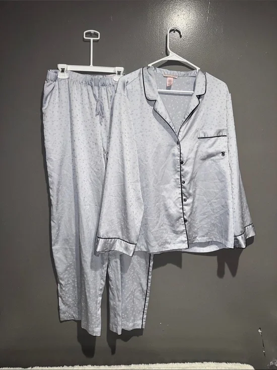 Victoria's Secret Pale Gray Satin Pajama Set with Black Trim