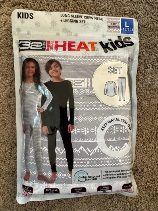 32° Heat Kids Long Sleeve Crew Neck Legging Set in Black Gray size large 12- 14