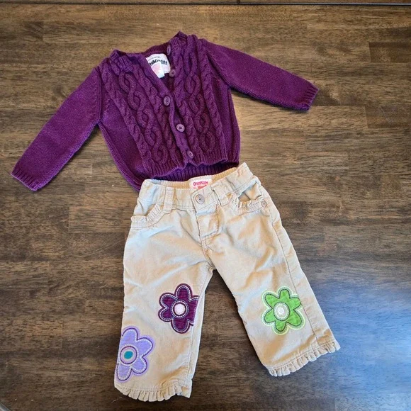 OshKosh Bgosh‎ Purple Cable Knit Cardigan and  Floral Corduroy Pants Set 12M VTG