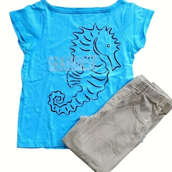 Crewcuts‎ Seahorse Blue Short Sleeve Shirt with Garanimals Sparkly Gold Jeggings