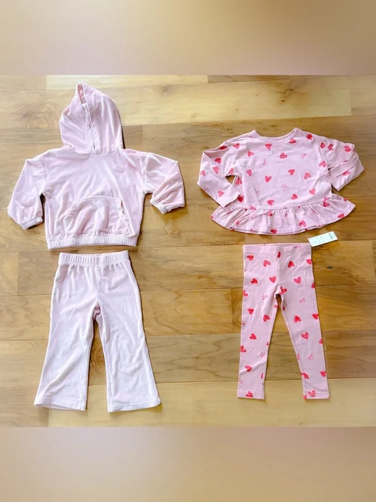 Two Toddler Girl 2-Piece Sets- Velour Hoodie & Heart Set, 3T, Great Condition!!