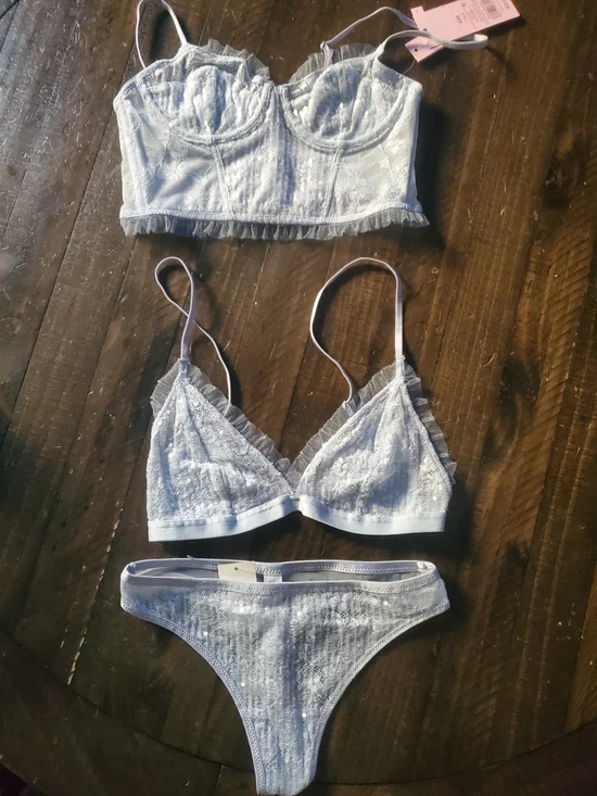 wild fable Light Blue Lace Bralette, Triangle Bra & Thong Set