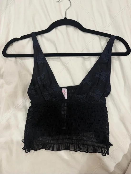 Urban Outfitters Black Floral Lace Smocked Bandeau Tank NWOT