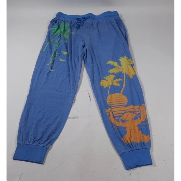 Disney Pajama Bottoms Women L Blue Lilo & Stitch Jogger Tropical Graphic Pants