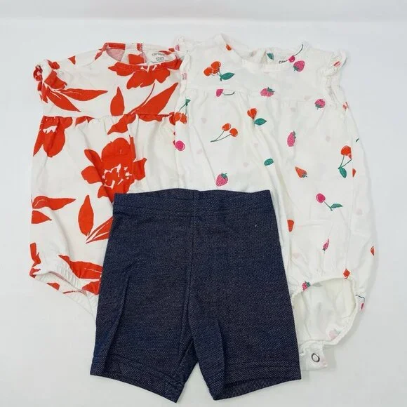 Carters Baby Girls Size 12 Months 3 Piece Bodysuits‎ & Short Summer Set 1275