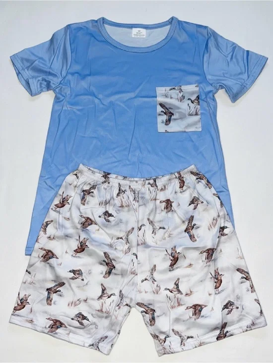 Kids Light Blue Short Sleeve  Set with Duck Print Shorts