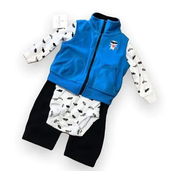 Carter's Boys‎ Outfit Size 6 Months Raccoon Fleece 3 Pc Set Blue Gray Bodysuit