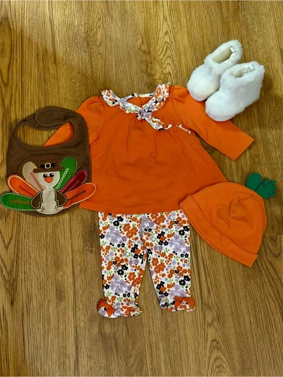 Gymboree 0-3M Orange Pumpkin Outfit 5pc Set - Fall Thanksgiving Turkey