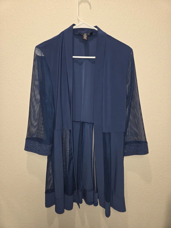 R&M Richards Navy Sheer Kimono Robe with Beaded Cuffs