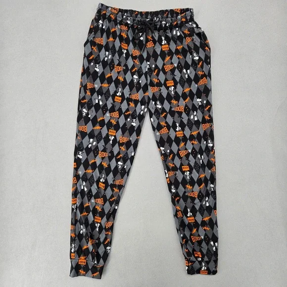 Peanuts Large Halloween Snoopy Argyle Jogger Pajama Pants Black Orange