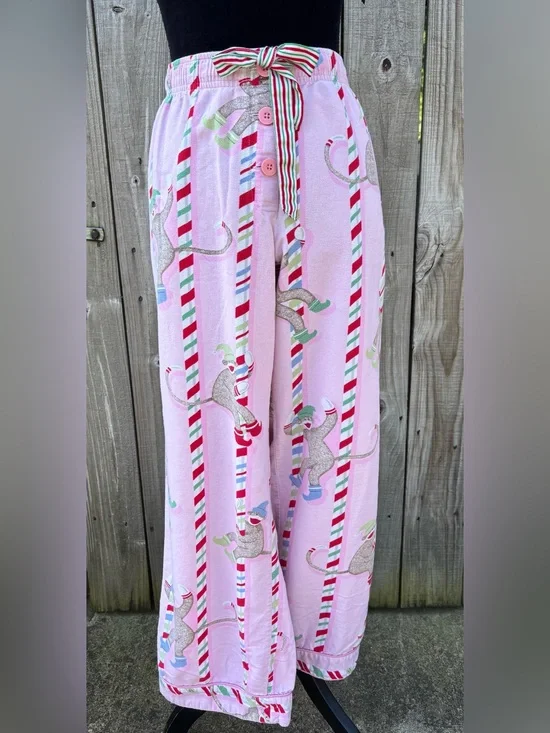 Nick & Nora Holiday Sock Monkey & Candy Cane Pink Drawstring Pajama Pants L