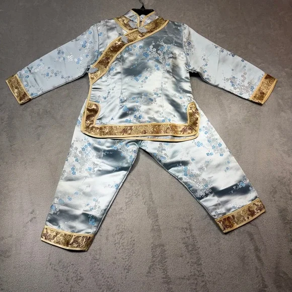 Vintage Double Peach‎ Kids Size 4 Blue Satin Floral Tang Suit Cheongsam Set 90s