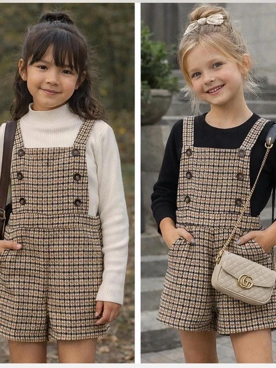 Shein Plaid Overall Romper Sz 7Y‎ Brown Houndstooth Pinafore Button Academia