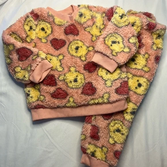 Disney Kids Pink Yellow Pooh Sherpa Crewneck & Pant Matching Set Baby Girl 18 Mo