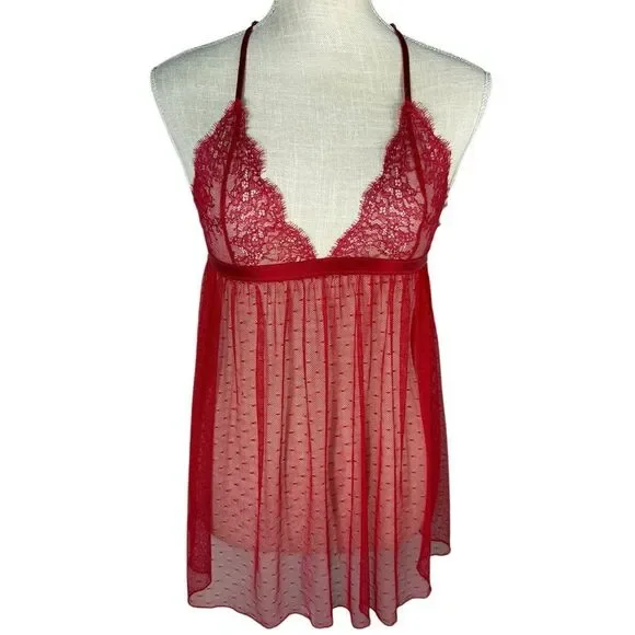 Victoria's Secret Red All Over Lace Mesh Babydoll Chemise Lingerie Dress