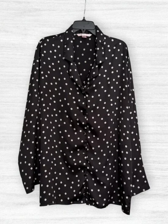 Victoria's Secret Black Polka Dot Satin Nightshirt Sleep Shirt Button Front XL