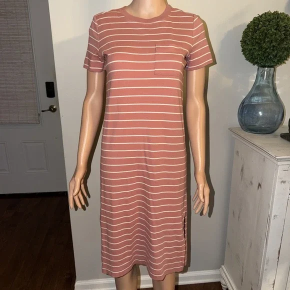 Haven Well Within Nightgown Minimalist Modern XS Mauve White Stripes Cotton Knit