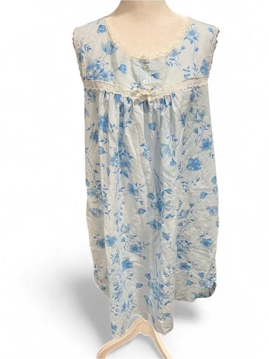 Blue Floral Vintage Cotton Sleeveless Night Dress