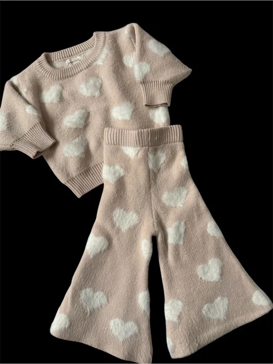 Kids Pink Heart Knit Matching Set - Cozy Two-Piece Outfit